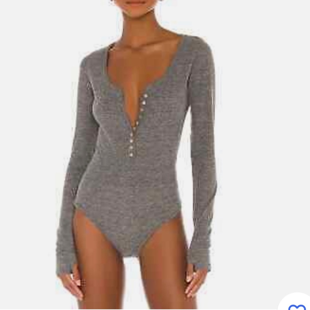 Intimately Free People Dylan Thermal Henley Bodysuit Large Gray Long Sleeve NWT